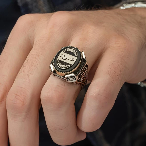 Hasbiyallah Yazılı Oniks Taşlı 925 Gümüş Erkek Yüzük - 12