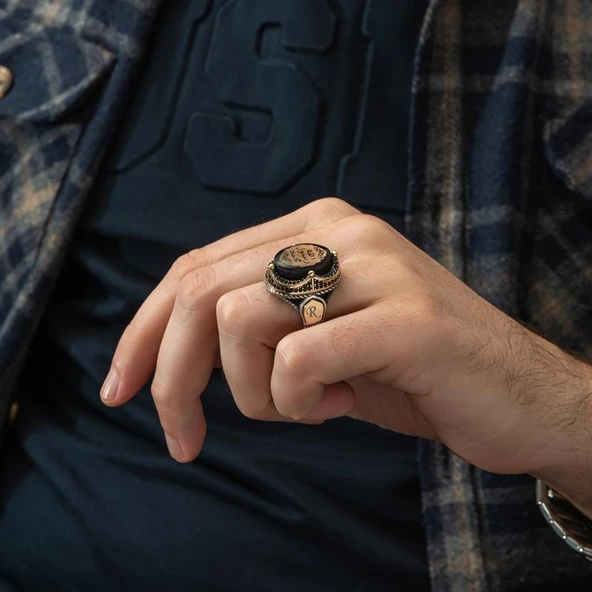 Peygamber Mührü Sıkma Kehribar Taşlı 925 Gümüş Erkek Yüzük - 11