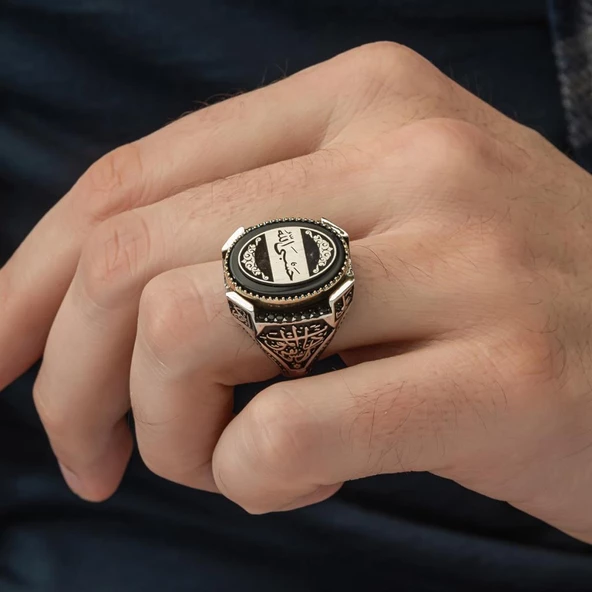 Hasbiyallah Yazılı Oniks Taşlı 925 Gümüş Erkek Yüzük - 5