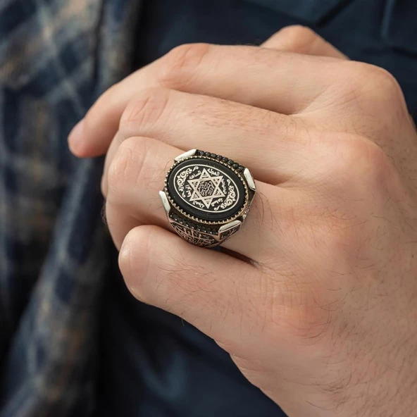 Mührü Süleyman İşleme Oniks Taşlı 925 Gümüş Erkek Yüzük - 5
