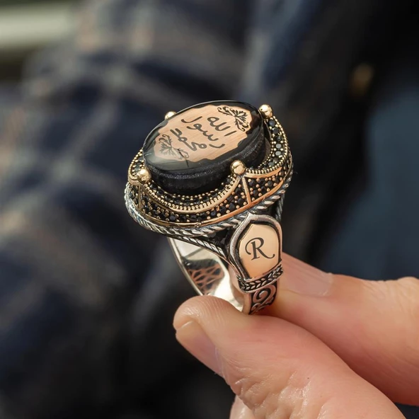 Peygamber Mührü Sıkma Kehribar Taşlı 925 Gümüş Erkek Yüzük - 6