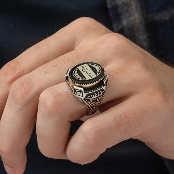 Hasbiyallah Yazılı Oniks Taşlı 925 Gümüş Erkek Yüzük - 10