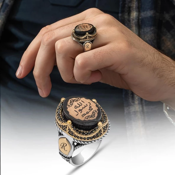 Peygamber Mührü Sıkma Kehribar Taşlı 925 Gümüş Erkek Yüzük - 9