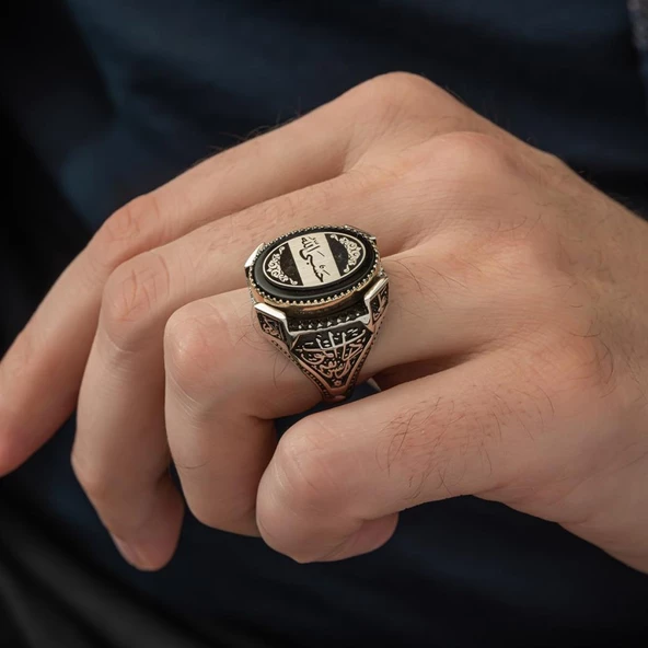 Hasbiyallah Yazılı Oniks Taşlı 925 Gümüş Erkek Yüzük - 3