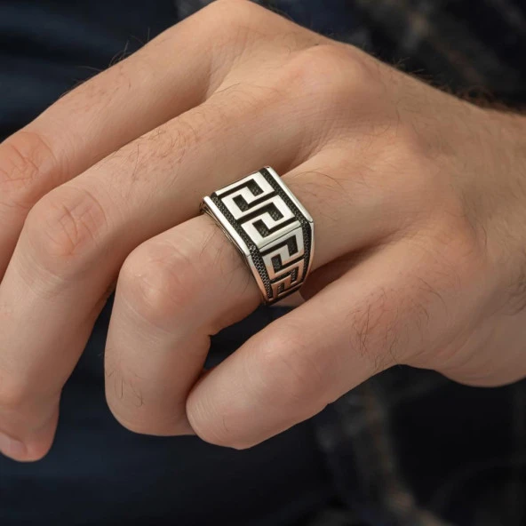 Grek Desenli Taşsız 925 Gümüş Erkek Yüzük - Resim 3
