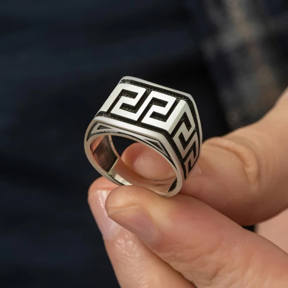 Grek Desenli Taşsız 925 Gümüş Erkek Yüzük - Resim 5