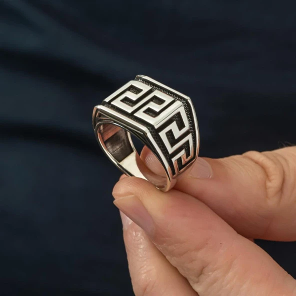 Grek Desenli Taşsız 925 Gümüş Erkek Yüzük - Resim 6