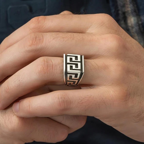 Grek Desenli Taşsız 925 Gümüş Erkek Yüzük - Resim 7