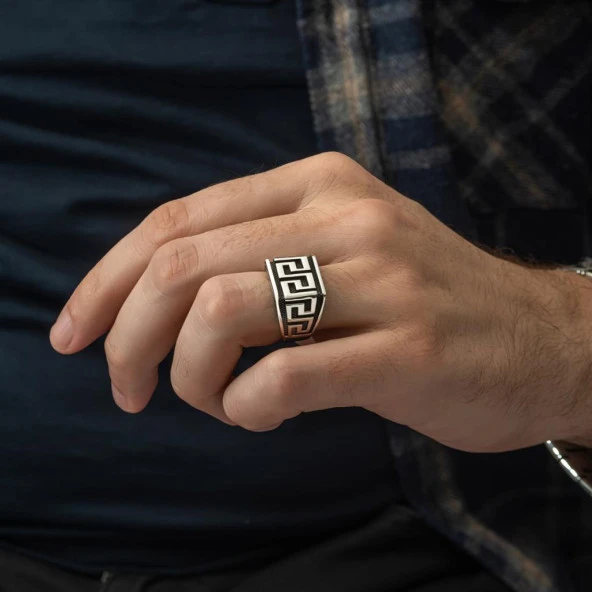 Grek Desenli Taşsız 925 Gümüş Erkek Yüzük - Resim 8