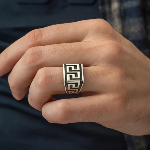 Grek Desenli Taşsız 925 Gümüş Erkek Yüzük - Resim 12