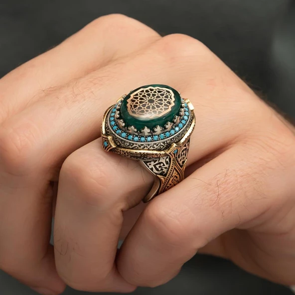 Selçuklu Motifli Kehribar Taşlı 925 Gümüş Erkek Yüzük - 7