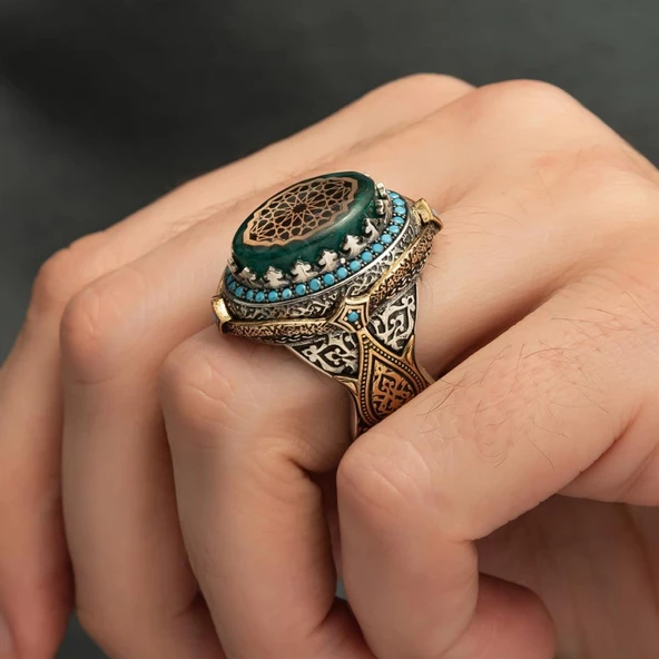 Selçuklu Motifli Kehribar Taşlı 925 Gümüş Erkek Yüzük - 9