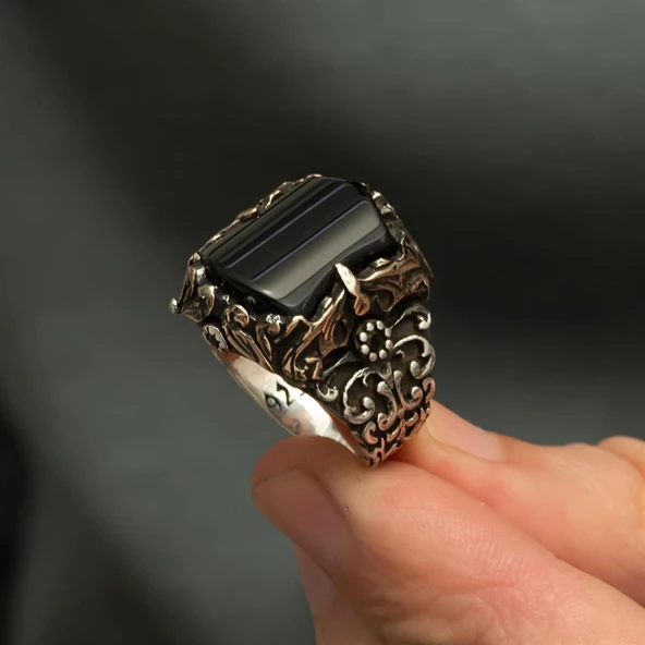 Siyah Oniks Taşlı 925 Gümüş Erkek Yüzük - 8