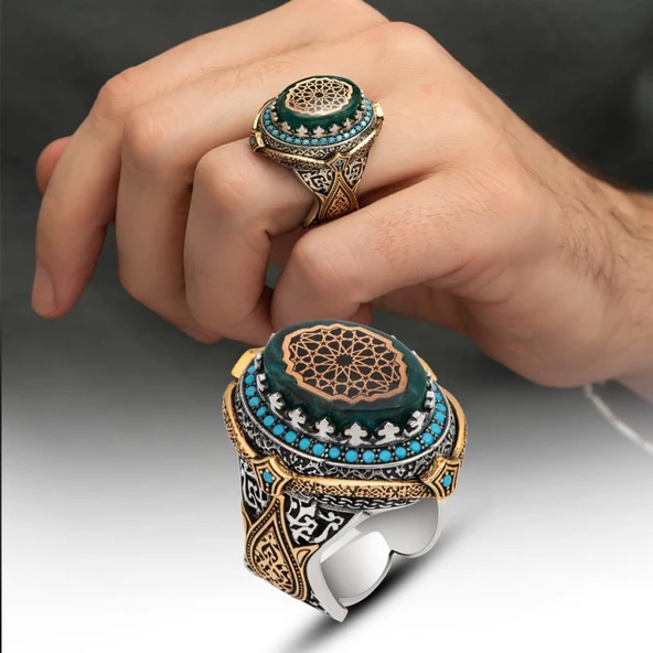 Selçuklu Motifli Kehribar Taşlı 925 Gümüş Erkek Yüzük - 10