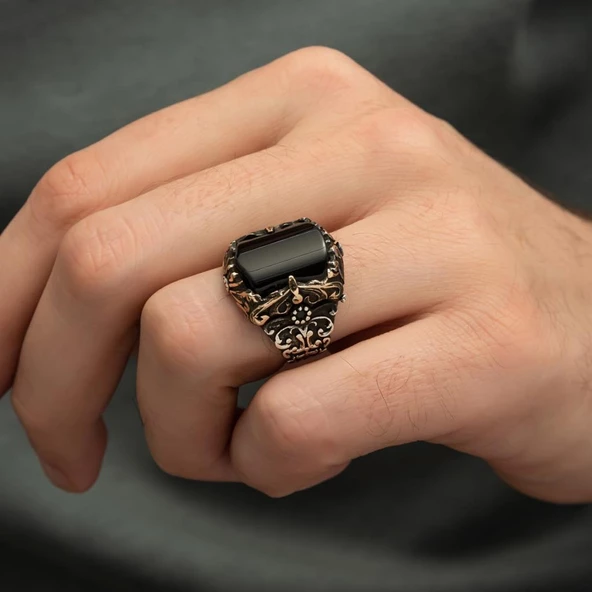 Siyah Oniks Taşlı 925 Gümüş Erkek Yüzük - 6