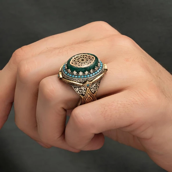 Selçuklu Motifli Kehribar Taşlı 925 Gümüş Erkek Yüzük - 6