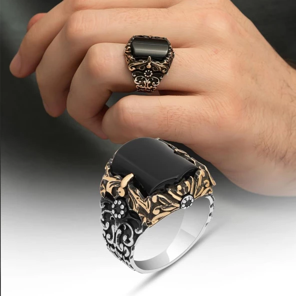 Siyah Oniks Taşlı 925 Gümüş Erkek Yüzük - 9
