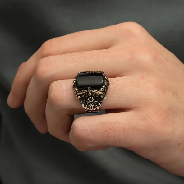 Siyah Oniks Taşlı 925 Gümüş Erkek Yüzük - 12