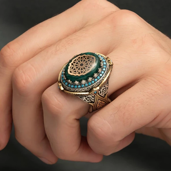 Selçuklu Motifli Kehribar Taşlı 925 Gümüş Erkek Yüzük - 8