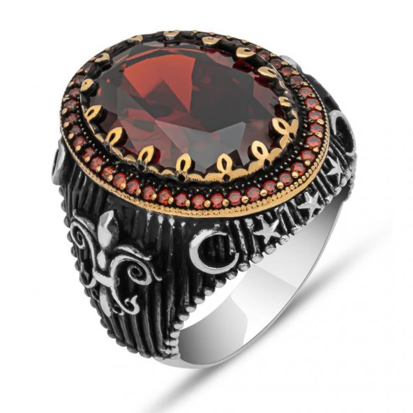 Kırmızı Taşlı 925 Gümüş Erkek Yüzük - 2