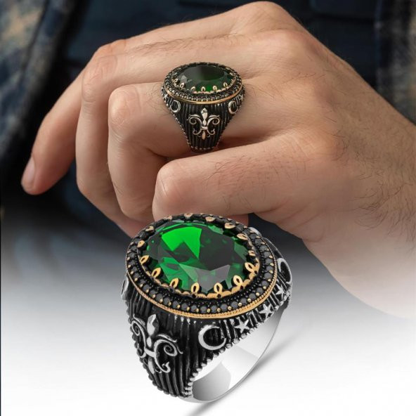 Yeşil Taşlı Yeni Tasarım 925 Gümüş Erkek Yüzük