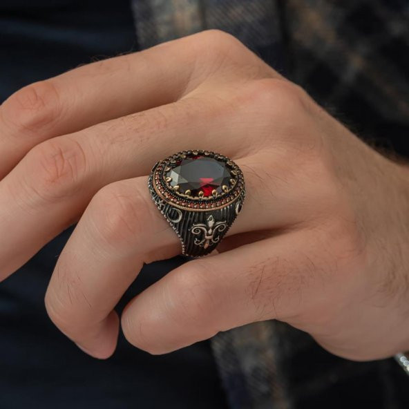 Kırmızı Taşlı 925 Gümüş Erkek Yüzük - 3