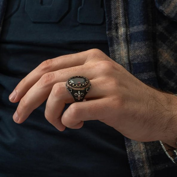 Kırmızı Taşlı 925 Gümüş Erkek Yüzük - 4