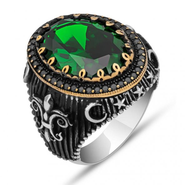 Yeşil Taşlı Yeni Tasarım 925 Gümüş Erkek Yüzük - 2