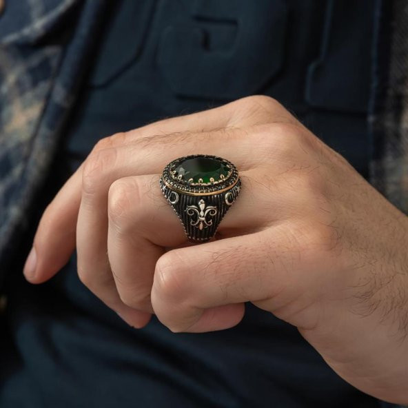 Yeşil Taşlı Yeni Tasarım 925 Gümüş Erkek Yüzük - 3