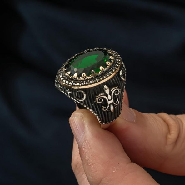 Yeşil Taşlı Yeni Tasarım 925 Gümüş Erkek Yüzük - 4