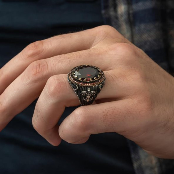 Kırmızı Taşlı 925 Gümüş Erkek Yüzük - 5