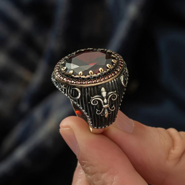 Kırmızı Taşlı 925 Gümüş Erkek Yüzük - 6