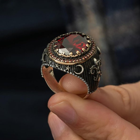 Kırmızı Taşlı 925 Gümüş Erkek Yüzük - 7