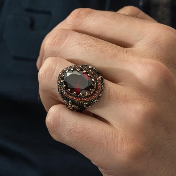 Kırmızı Taşlı 925 Gümüş Erkek Yüzük - 8