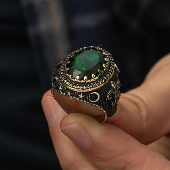 Yeşil Taşlı Yeni Tasarım 925 Gümüş Erkek Yüzük - 5