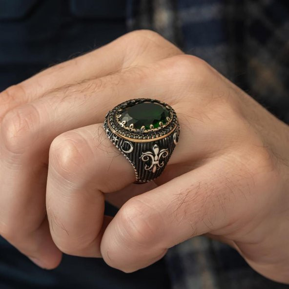 Yeşil Taşlı Yeni Tasarım 925 Gümüş Erkek Yüzük - 6