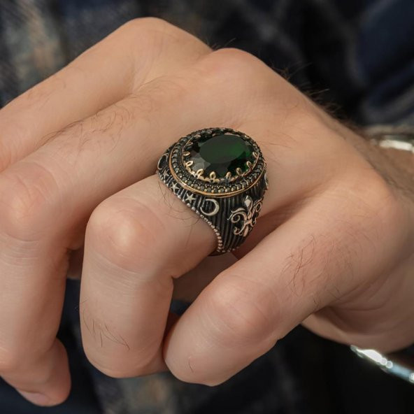 Yeşil Taşlı Yeni Tasarım 925 Gümüş Erkek Yüzük - 7