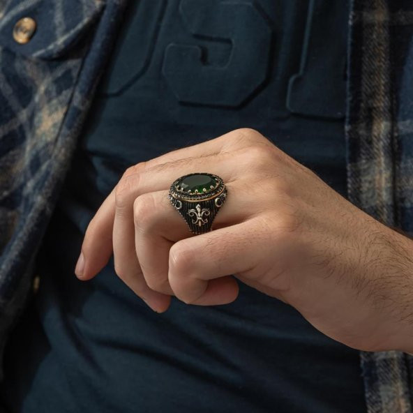 Yeşil Taşlı Yeni Tasarım 925 Gümüş Erkek Yüzük - 8