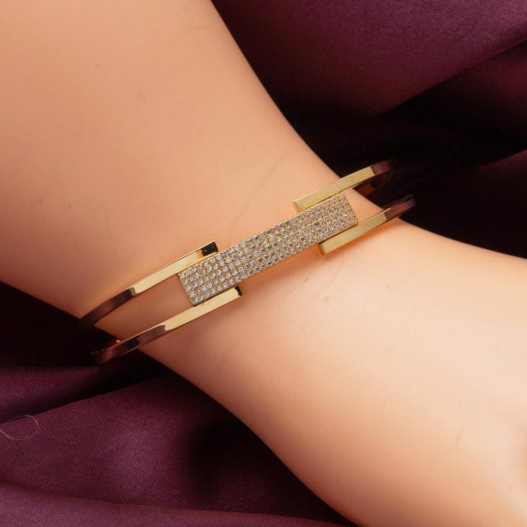 Taşlı Kaburga Altın Kelepçe Bilezik - Resim 2