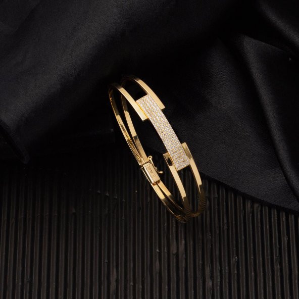 Taşlı Kaburga Altın Kelepçe Bilezik - Resim 3