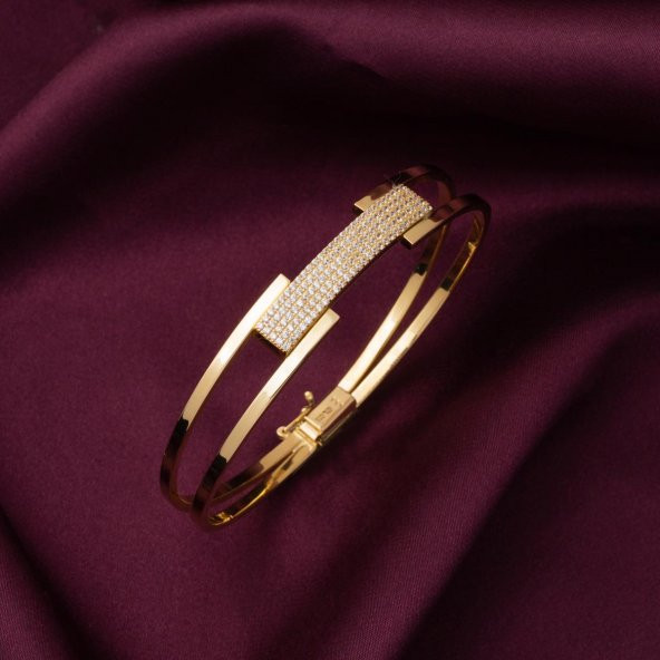 Taşlı Kaburga Altın Kelepçe Bilezik - Resim 5