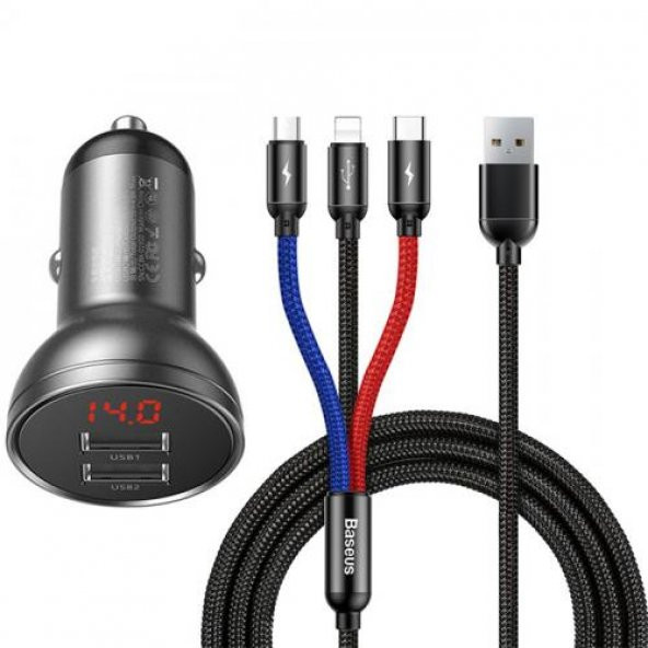 Baseus Dijital Göstergeli 4.8A 24W Çift USB Girişli Çakmaklık ve 1.2 Metre 3in1 Şarj ve Data Kablosu