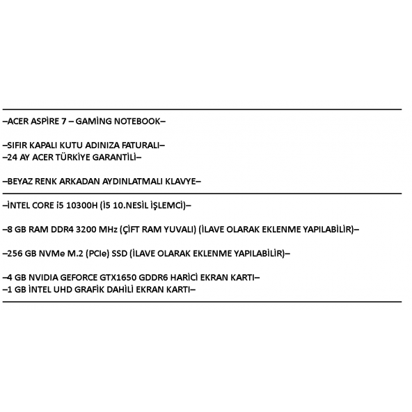 Acer Aspire 7 A715-75G-55C8 NH.Q99EY.005 i5-10300H 8 GB 256 GB SSD GTX1650 Dos Dizüstü Bilgisayar - 3