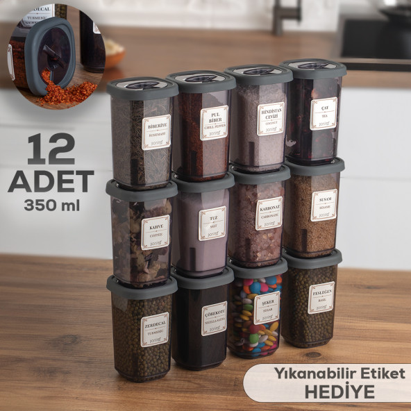 Porsima 1059 12'li Döner Kapaklı Etiketli Baharatlık Seti - Füme Kilitlenebilir Kapaklı 350 cc - 2