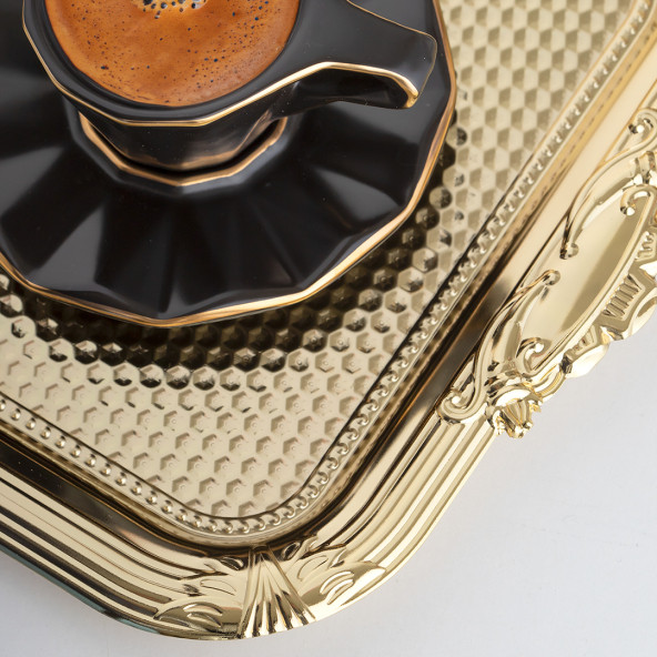 Porsima 3332 Paslanmaz Çelik Tepsi Gold -Çay Kahve İkram Sunum Servis Tepsi Seti- 2'li Dikdörtgen - 2