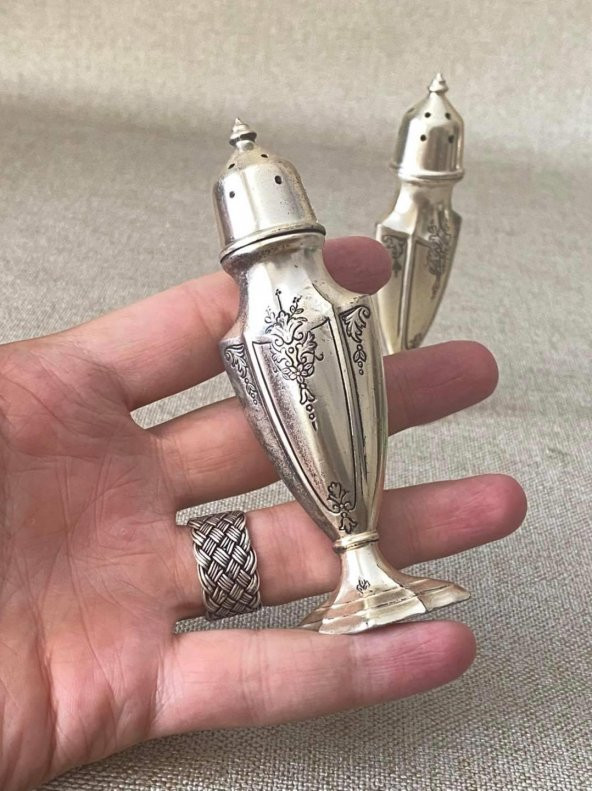Antika Gümüş Kaplama Tuzluk Biberlik Seti 2 Adet 11 cm 189 Gram - 4