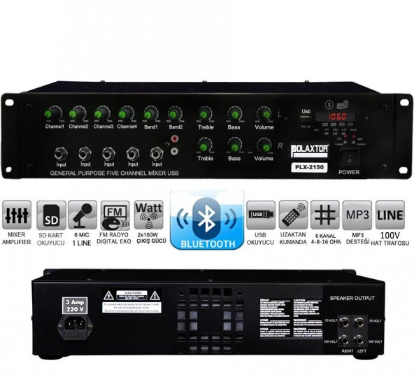 POLAXTOR PLX-2150 Power Mixer Anfi 6 Kanal 300 Watt Bölgeli Bluetooth Usb Sd Fm
