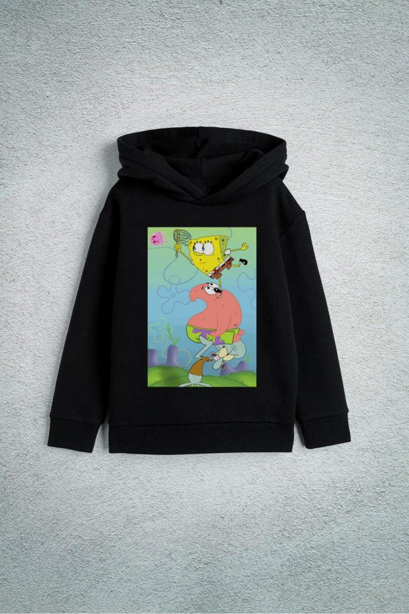Sünger Bob Özel Tasarım Baskılı Çocuk Kapşonlu Sweatshirt