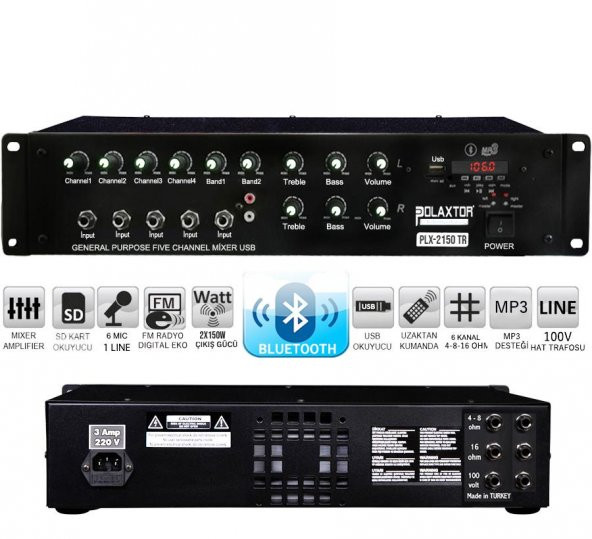 POLAXTOR PLX-2150 Power Mixer Anfi 6 Kanal 300 Watt Bölgeli Trafolu Bluetooth Usb Sd Fm