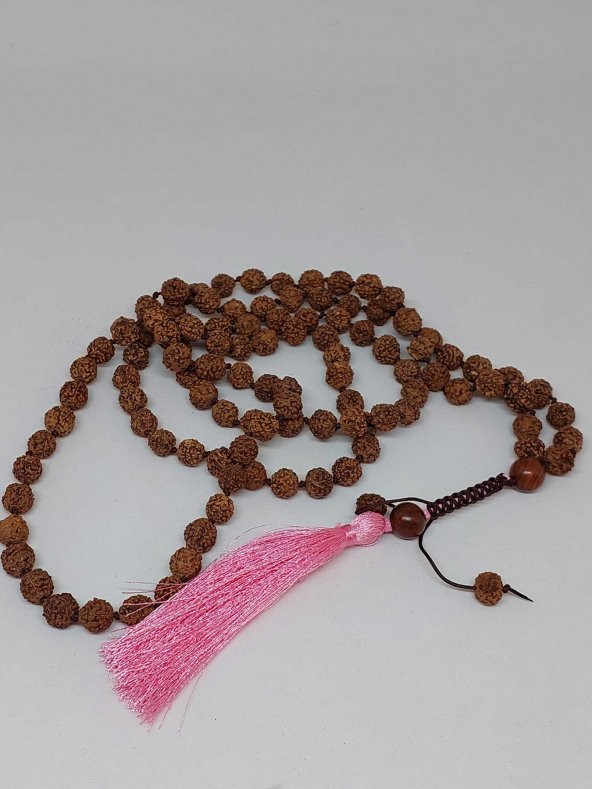 Rudraksha Tohumlu Pembe Püsküllü 108lik Ara Düğümlü El Yapımı Mala Kolye - Resim 2